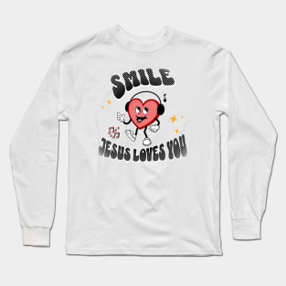 Smile Jesus Loves You - Groovy Heart design: Black text color with a cheerful heart smiley face Long Sleeve T-Shirt